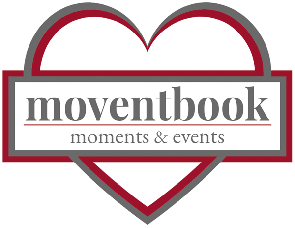 Logo von moventbook, Herz mit Balken und Firmenschriftzug moventbook - moments & events
